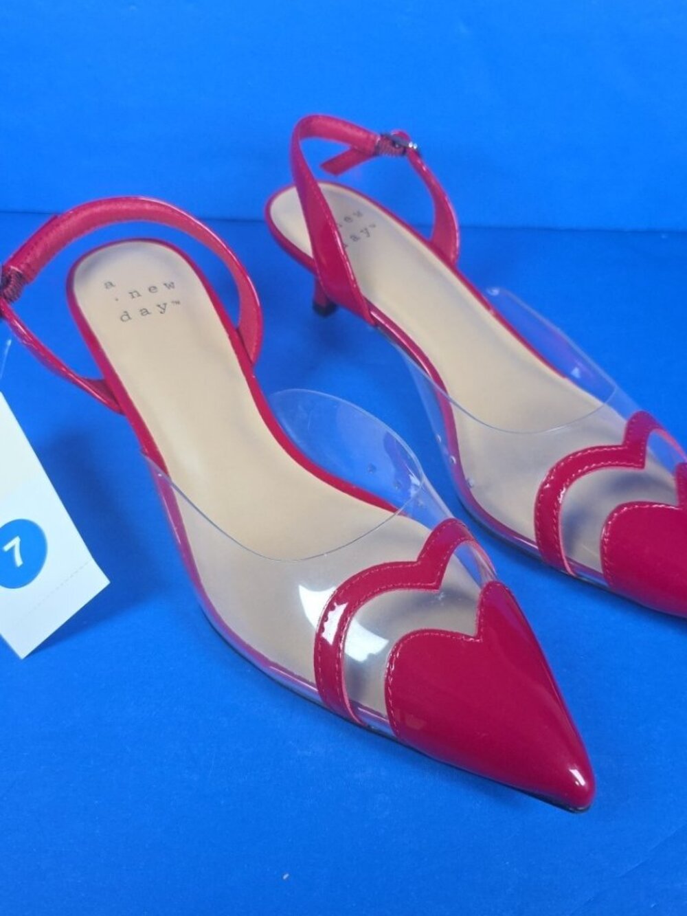 A New Day Shoes Women Red Clear Pointed Toe Heel Eleanor Heart Detail Size 7